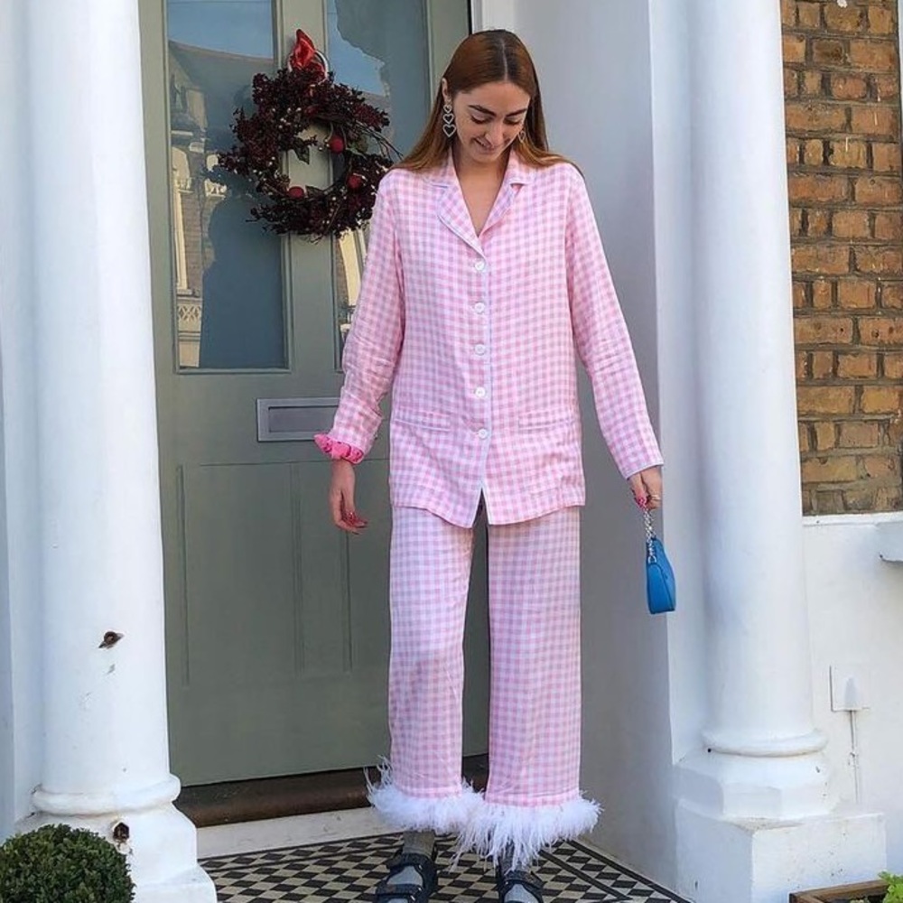 Sleeper Pajama Party Set “Pink Vichy” - Pink and white gingham ostrich feather